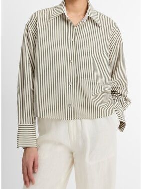 Vince Olive and White Vertical-Strip Button-Down Shirt